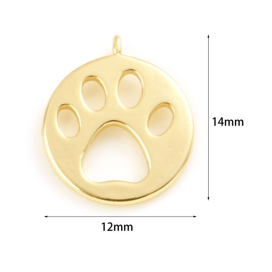 Immagine di Ottone Memoriale dell'animale Charms Tondo Vero Oro Placcato Orma di Zampa Filigrana 14mm x 12mm, 5 Pz