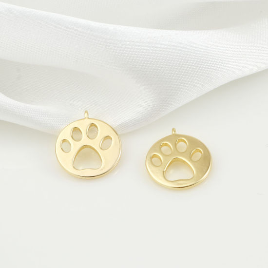 Immagine di Ottone Memoriale dell'animale Charms Tondo Vero Oro Placcato Orma di Zampa Filigrana 14mm x 12mm, 5 Pz