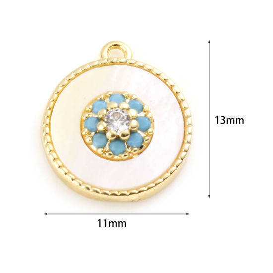 Picture of Shell & Brass Charms Round Real Gold Plated White Flower Clear Cubic Zirconia Green Rhinestone 13mm x 11mm, 1 Piece