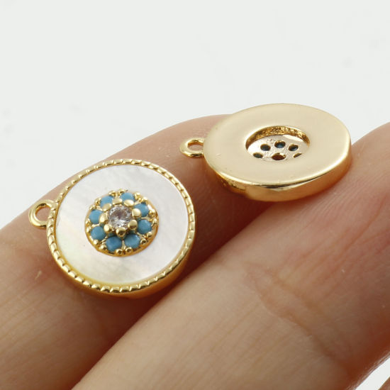 Picture of Shell & Brass Charms Round Real Gold Plated White Flower Clear Cubic Zirconia Green Rhinestone 13mm x 11mm, 1 Piece