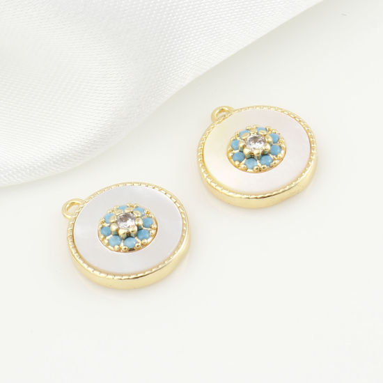 Picture of Shell & Brass Charms Round Real Gold Plated White Flower Clear Cubic Zirconia Green Rhinestone 13mm x 11mm, 1 Piece