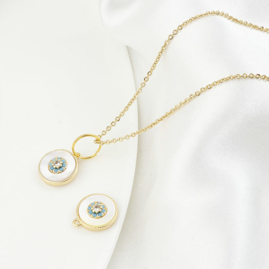 Picture of Shell & Brass Charms Round Real Gold Plated White Flower Clear Cubic Zirconia Green Rhinestone 13mm x 11mm, 1 Piece