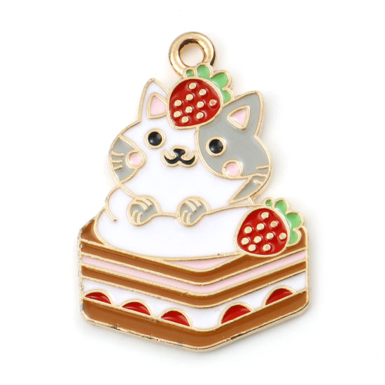 Picture of Zinc Based Alloy Cute Charms Cake Gold Plated Multicolor Cat Enamel 3cm x 2.1cm, 5 PCs