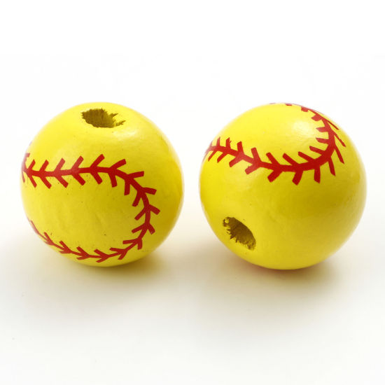 Image de Perles Sport Intercalaires en Bois Naturel Rond Jaune Baseball 16mm Dia, Trou: env. 3mm, 20 Pcs