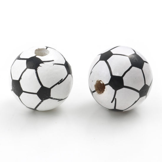 Image de Perles Sport Intercalaires en Bois Naturel Rond Blanc Football 16mm Dia, Trou: env. 3mm, 20 Pcs