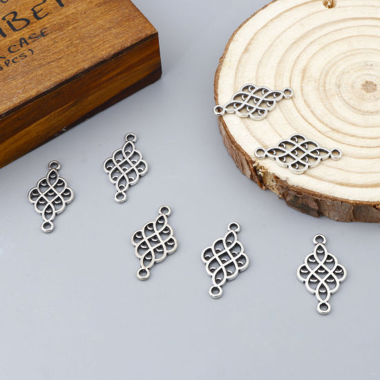 Picture of Zinc Based Alloy Connectors Rhombus Chinese Knot Antique Silver Color Hollow 25mm x 14mm, 100 PCs