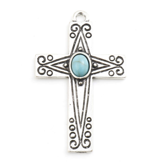 Picture of Zinc Based Alloy Boho Chic Bohemia Pendants Antique Silver Color Green Blue Cross Carved Pattern With Resin Cabochons Imitation Turquoise 5cm x 3.1cm, 5 PCs