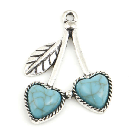 Picture of Zinc Based Alloy Boho Chic Bohemia Pendants Antique Silver Color Green Blue Cherry Fruit With Resin Cabochons Imitation Turquoise 3.7cm x 2.6cm, 5 PCs