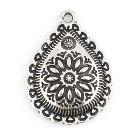 Bild von Zinklegierung Flora Kollektion Charms Tropfen Antiksilber Geschnitzte Muster 29mm x 21mm, 10 Stück