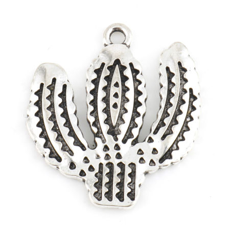 Image de Breloques Collection Végétale en Alliage de Zinc Cactus Argent Vieilli 27mm x 24mm, 10 Pcs