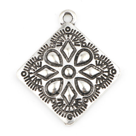 Image de Breloques en Alliage de Zinc Losange Argent Vieilli Motif Sculpté 28mm x 25mm, 10 Pcs