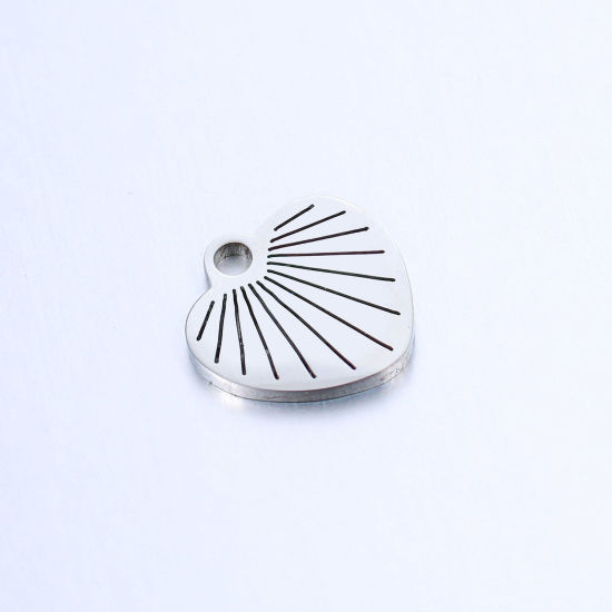 Picture of 304 Stainless Steel Valentine's Day Charms Silver Tone Heart Stripe 10mm x 10mm, 1 Piece