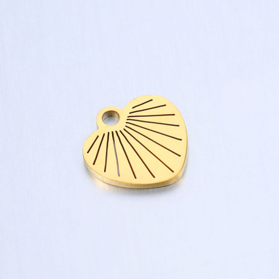 Picture of 304 Stainless Steel Valentine's Day Charms Gold Plated Heart Stripe 10mm x 10mm, 1 Piece