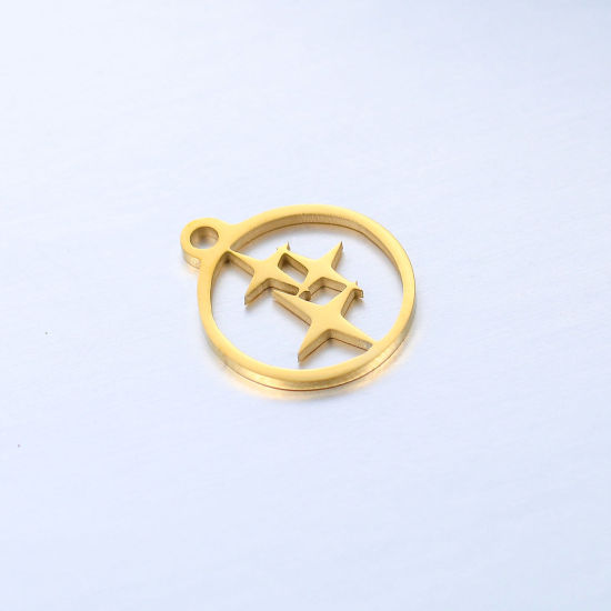 Picture of 304 Stainless Steel Galaxy Charms Gold Plated Round Four-pointed star Hollow 14mm x 12mm, 1 Piece