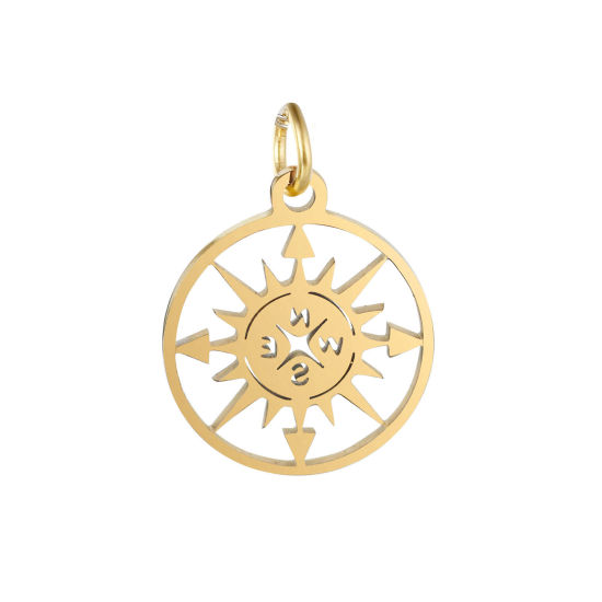 Изображение 304 Нержавеющая Сталь Туризм Туризм Подвески Круглые Позолоченный Компас ажурная резьба 20мм x 15мм, 1 ШТ