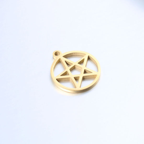 Picture of 304 Stainless Steel Charms Gold Plated Round Pentagram Star Hollow 17mm x 15mm, 1 Piece