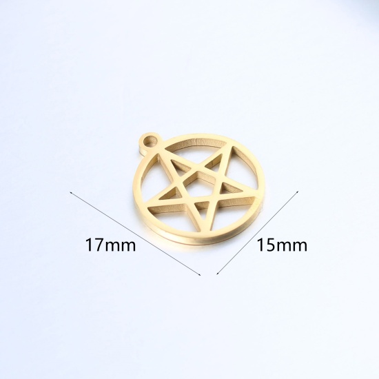 Picture of 304 Stainless Steel Charms Gold Plated Round Pentagram Star Hollow 17mm x 15mm, 1 Piece