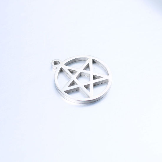 Picture of 304 Stainless Steel Charms Silver Tone Round Pentagram Star Hollow 17mm x 15mm, 1 Piece