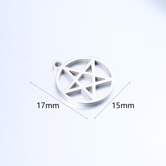 Picture of 304 Stainless Steel Charms Silver Tone Round Pentagram Star Hollow 17mm x 15mm, 1 Piece