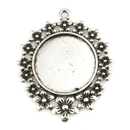 Picture of Zinc Based Alloy Cabochon Settings Pendants Round Disc Antique Silver Color Flower (Fits 25mm Dia.) 4.8cm x 4cm, 5 PCs