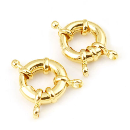 Picture of 2 PCs Hypoallergenic Brass Spring Ring Clasps Round Disc 18K Real Gold Plated 17mm x 13mm