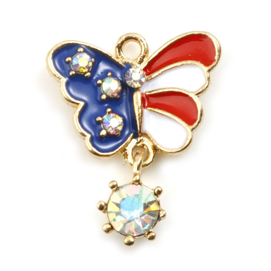 Immagine di Lega di Zinco Sport Charms Farfalla Oro Placcato Bianco & Blu Bandiera degli Stati Uniti AB Colore Strass Smalto 22mm x 18mm , 10 Pz