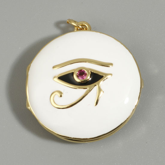 Picture of Brass Religious Picture Photo Locket Frame Pendents Gold Plated White Round The Eye Of Horus Enamel Red Rhinestone 3cm x 2.5cm, 1 Piece                                                                                                                       
