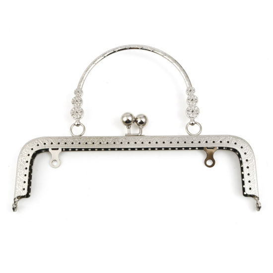 Picture of Iron Based Alloy Kiss Clasp Purse Frame Handles Rectangle Flower Silver Tone 18cm x 15cm, 1 Piece
