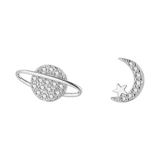 Picture of Sterling Silver Galaxy Asymmetric Earrings Platinum Color Planet Earth Moon Post/ Wire Size: (18 gauge), 1 Pair