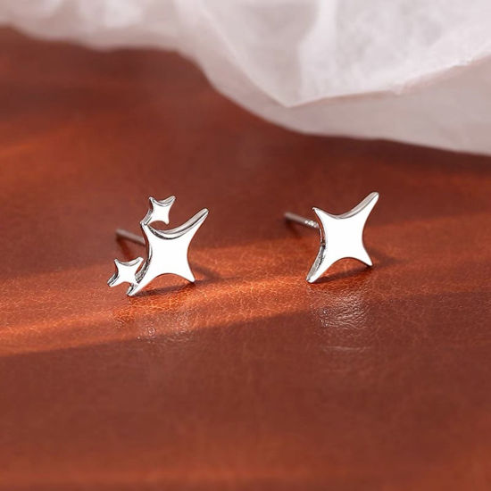 Picture of Sterling Silver Galaxy Ear Post Stud Earrings Platinum Color Four-pointed star 10mm x 8mm, Post/ Wire Size: (18 gauge), 1 Pair