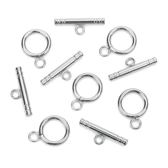 Image de Fermoir Toggle en 304 Acier Inoxydable Annulaire Rayées Argent Mat 13mm Dia., 22mm x 3mm, 1 Kit