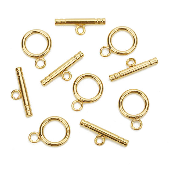 Image de 1 Kit Fermoir Toggle en 304 Acier Inoxydable Annulaire Rayées Plaqué Or 18K 13mm Dia., 22mm x 3mm