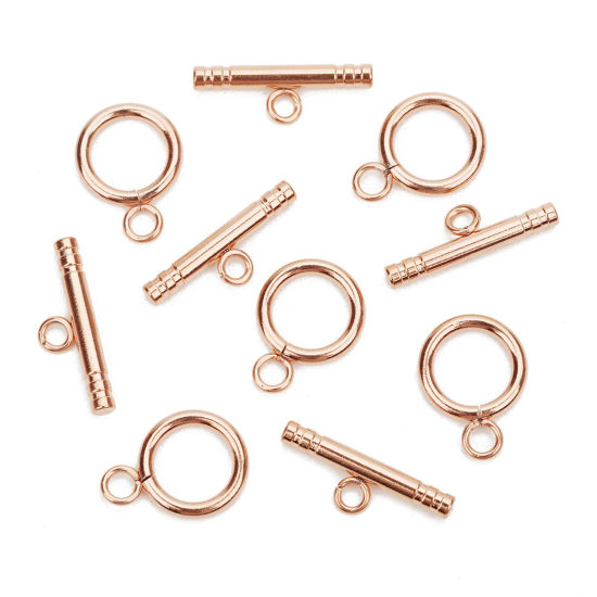 Image de Fermoir Toggle en 304 Acier Inoxydable Annulaire Rayées Or Rose 13mm Dia., 22mm x 3mm, 1 Kit