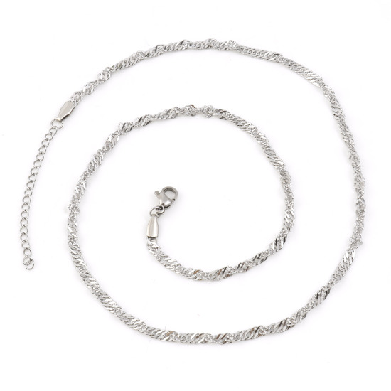 Picture of Wholesale Wave Twisted Chain Necklace, Silver Tone 304 Stainless Steel, Unisex Stylish Minimalist Gift Jewelry For Retailer, 48cm(18.9") long, Chain Size: 3.2mm, 1 Piece