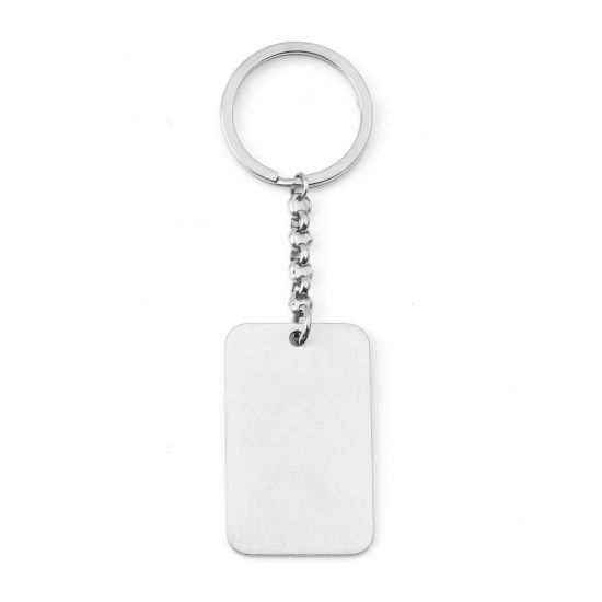 Picture of 304 Stainless Steel Blank Stamping Tags Keychain & Keyring Silver Tone Rectangle One-sided Polishing 10.3cm x 3cm, 1 Piece