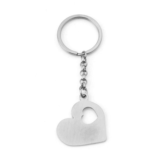 Picture of 304 Stainless Steel Valentine's Day Blank Stamping Tags Keychain & Keyring Silver Tone Heart One-sided Polishing 9.3cm x 3.1cm, 1 Piece