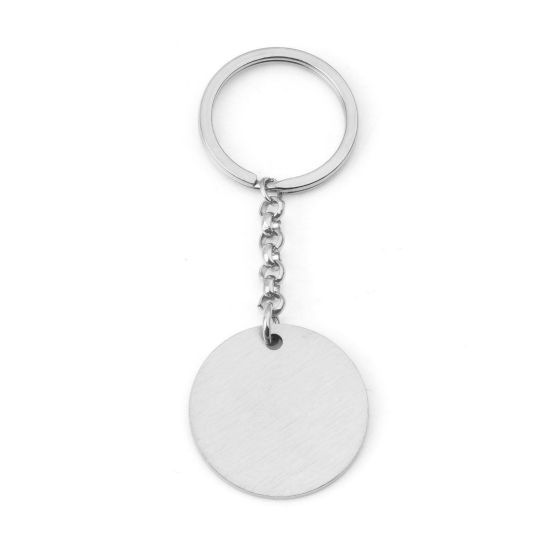 Picture of 304 Stainless Steel Blank Stamping Tags Keychain & Keyring Silver Tone Round One-sided Polishing 9cm x 3.2cm, 1 Piece