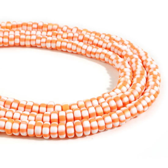 Bild von Polymer Ton Perlen Flachrund Orange, mit Streifen Muster, 7mm-8mm D., Loch: 1.5mm, 39.5cm lang/Strang, 110 Stk./Strang, 2 Stränge