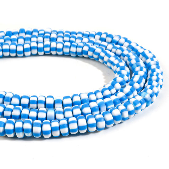 Bild von Polymer Ton Perlen Flachrund Blau, mit Streifen Muster, 7mm-8mm D., Loch: 1.5mm, 39.5cm lang/Strang, 110 Stk./Strang, 2 Stränge