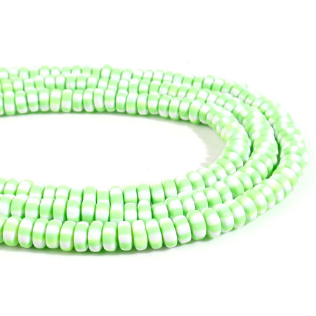 Image de Perles en Pâte Polymère Plat-Rond Vert Clair Rayées 7mm-8mm Dia, Taille de Trou: 1.5mm, 39.5cm long, 2 Enfilades (Env. 110 PCs/Enfilade)