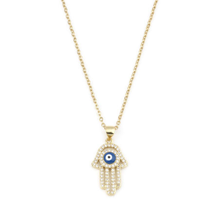 Image de Colliers Chaîne Maille Forçat en Acier Inoxydable & Cuivre Religieux Doré Khamsa Symbole Paume Œil Mauvais Micro Pave à Zirconia Cubique Clair 45cm Long, 1 Pièce