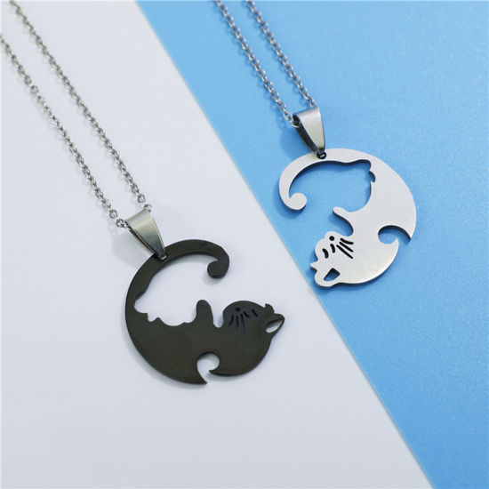 Picture of 201 Stainless Steel Couple Pendants Silver Tone Black Heart Cat 30mm x 27mm, 1 Pair