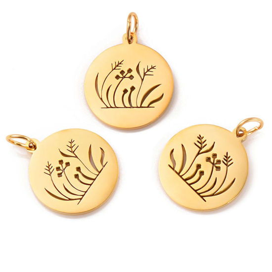 Изображение Нержавеющая Сталь Коллекция Флоры Коллекция Флоры Подвески Круглые Позолоченный Цветок Листья ажурная резьба 25мм x 18мм, 1 ШТ