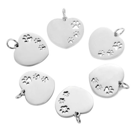 Bild von Edelstahl Haustier Denkmal Charms Herz Silberfarbe Klaue Hohl 23mm x 18mm, 1 Stück