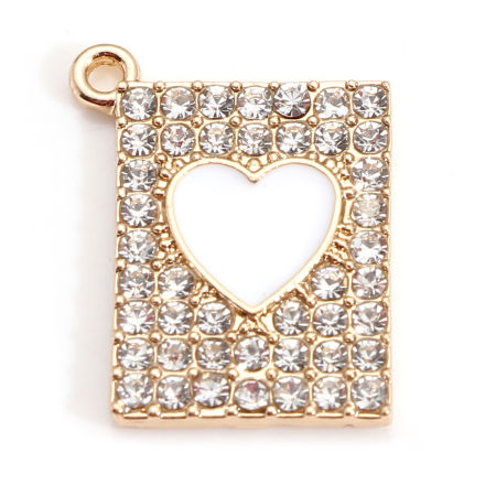 Picture of Zinc Based Alloy Valentine's Day Charms Gold Plated White Rectangle Heart Enamel Clear Rhinestone 20mm x 16mm, 5 PCs