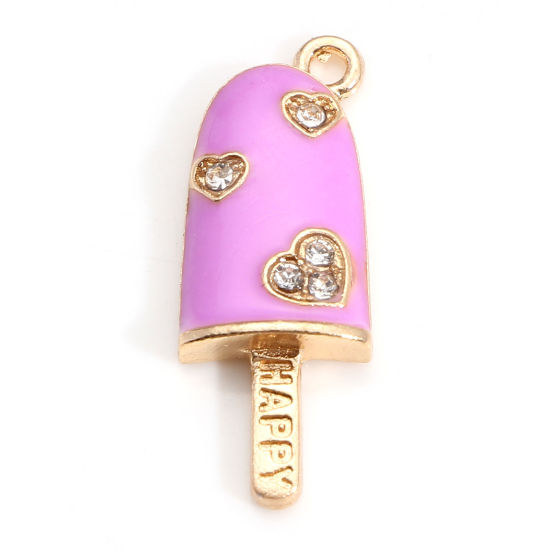 Picture of Zinc Based Alloy Charms Gold Plated Purple Ice Cream Heart Enamel Clear Rhinestone 25mm x 9mm, 10 PCs