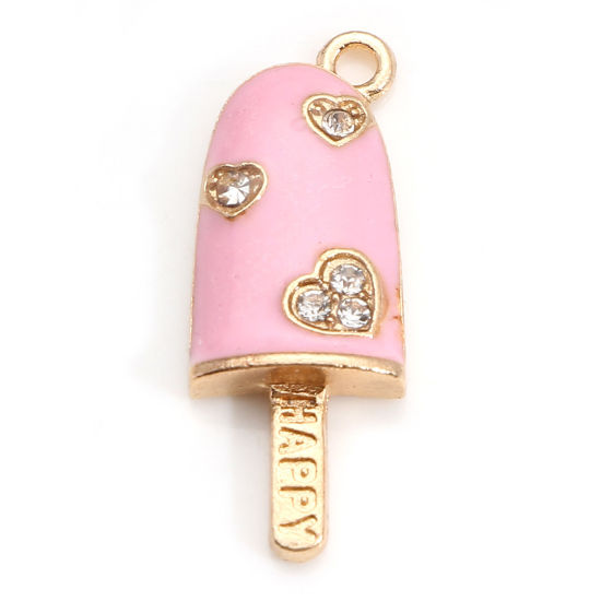 Picture of Zinc Based Alloy Charms Gold Plated Pink Ice Cream Heart Enamel Clear Rhinestone 25mm x 9mm, 10 PCs