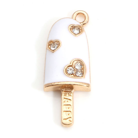 Picture of Zinc Based Alloy Charms Gold Plated White Ice Cream Heart Enamel Clear Rhinestone 25mm x 9mm, 10 PCs