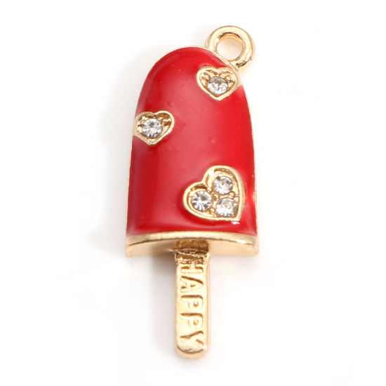 Picture of Zinc Based Alloy Charms Gold Plated Red Ice Cream Heart Enamel Clear Rhinestone 25mm x 9mm, 10 PCs