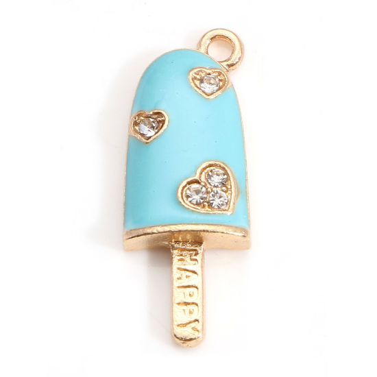 Picture of Zinc Based Alloy Charms Gold Plated Blue Ice Cream Heart Enamel Clear Rhinestone 25mm x 9mm, 10 PCs